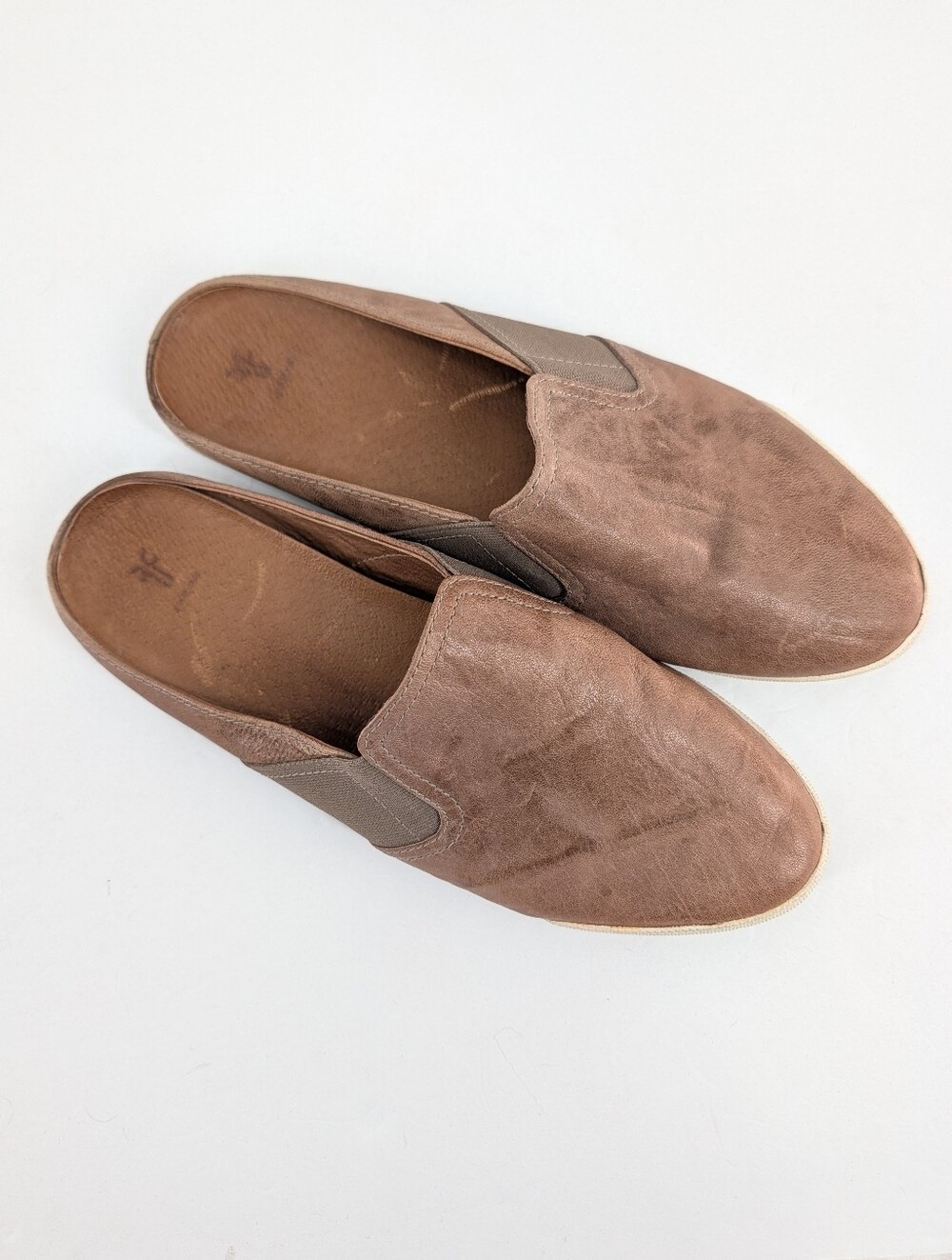Frye Melanie Gore Leather Slip On Mule Tan Brown Antique Vintage Finish Size 9.5